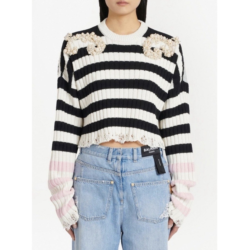 Balmain Pearl Embellished Striped Frayed Hem Sweater XS/S (Tag Out)  0356